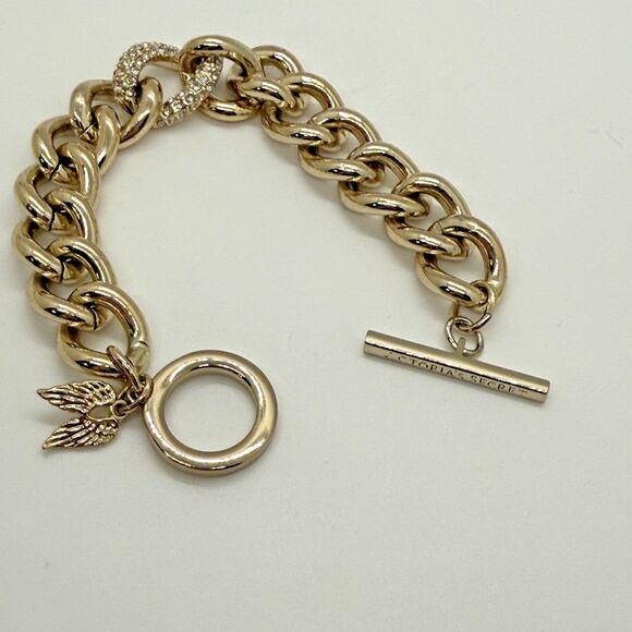 VTG Y2K Victoria’s Secret Pavé Crystal Chunky Chain Bracelet Angel Wing Charm - Picture 1 of 11